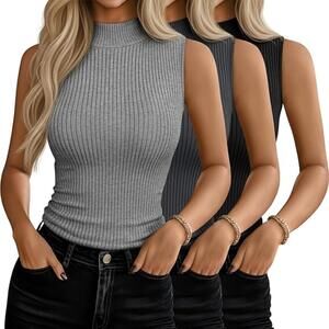 NWT Women's 3 Pack Sleeveless Mock Turtleneck Ribbed Stretch Tank Tops, Small